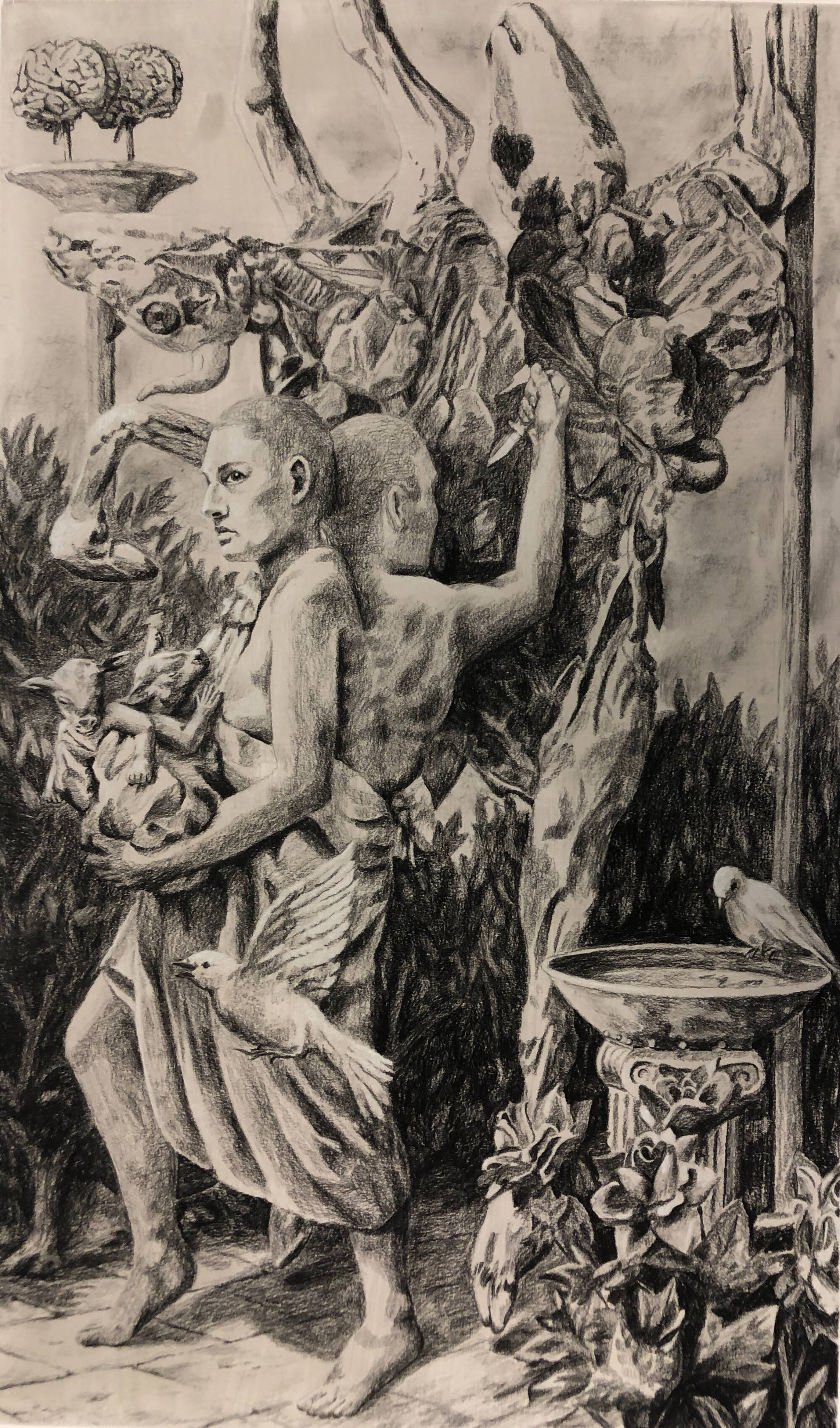 Charcoal drawing of two figures near a large splayed out cow carcass.